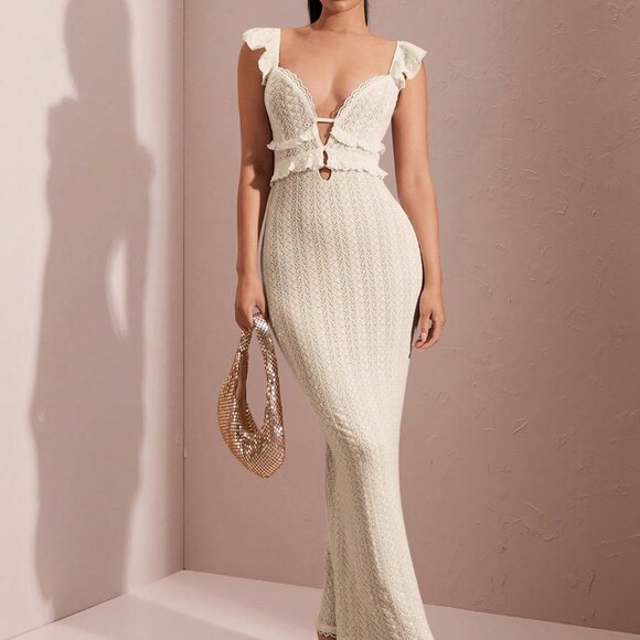 Dresses & Skirts - Apricot Elegant Women's Lace Hollow-Out Cap Sleeve Maxi Dress